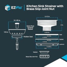 Ez-Flo Mutfak Lavabo Süzgeci 30003, Pirinç Eklemli, Paslanmaz Çelik Sepet, 8.9-10.2 cm Açıklık