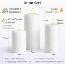 3’lü Silindir Blok Mum Seti, Beyaz Dekoratif Sütun Mumlar, Içten Yanan Fitil, 7 cm Çap, 7,10,15 cm Yükseklik, Ev Dekorasyonu, Masa ve Özel Gün Süsleme Mum Seti