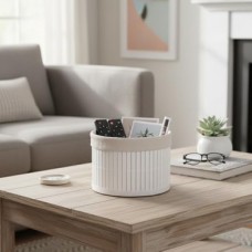 Yuvarlak Bambu Düzenleyici ve Saklama Sepeti – Beyaz Ahşap Çıtalı Banyo, Makyaj ve Ofis Organizeri, Kumaş Astarlı Çok Amaçlı Dekoratif Kutu (18X13 Cm)