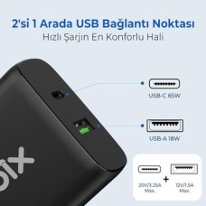 BX2P65G Gan Pd 65W Type-C ve Usb-A Qc 18W Çift Portlu Akım Korumalı Hızlı Şarj Cihazı Siyah BX2P65G Gan Pd 65W Type-C ve Usb-A Qc 18W Çift Portlu Akım Korumalı Hızlı Şarj Cihazı Siyah