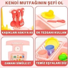 Oyuncak Gerçek Su Akan Mutfak Lavabo Seti | 28 Parça Aksesuarlı | Pilli Su Devir Daimli Mavi (Pembe)