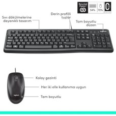 MK120 USB Kablolu Klavye Mouse Seti, Tam Boyutlu, Sağ ve Sol Elle Kullanıma Uygun Mouse, Sıvı Dökülmesine Dayanıklı, Türkçe Q Klavye, Siyah