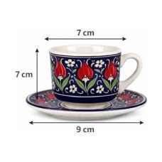 Prime Türk Kahvesi Fincan Takımı El Yapımı Seramik – Lale Motifli, 2 Kişilik Fincan ve Tabak Seti, Geleneksel ve Şık Tasarım
