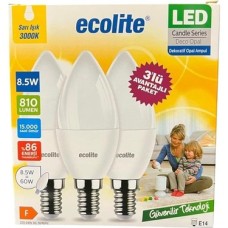 8.5W LED Mum Ampul – E14 Duy, 810 Lümen, 3000K Sarı Işık, 60W Eşdeğer, 3’lü Paket, Opal Dekoratif Ampul, Dimmer Uyumlu Değil,%86 Enerji Tasarrufu, 99X37 mm (Sarı)