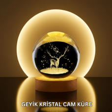 Doğal Ahşap Standlı Geyik Figürlü Kristal Küre LED Dekoratif Lamba - Lisinya