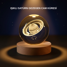 Satürn Desenli Kristal Küre LED Gece Lambası Ahşap Standlı - Lisinya