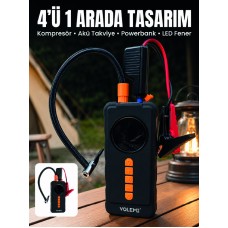 4'ü 1 Arada Akü Takviye Cihazı Dijital Lastik Şişirme Kompresörü 10000mAh Powerbank ve LED Fener - Lisinya
