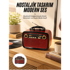Nostalji Radyo Bluetooth Hoparlör USB-SD Kart Giriş Led Fener Işıklı Bataryalı Pilli Yeni Nesil - Lisinya